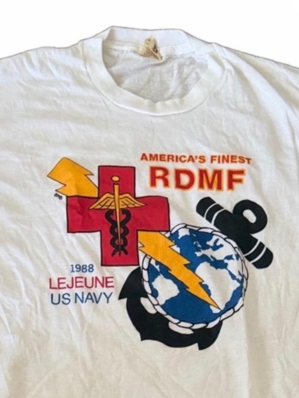 Vintage 1988 US Navy Lejeune RDMF Military Graphic T Shirt Large Screen Stars